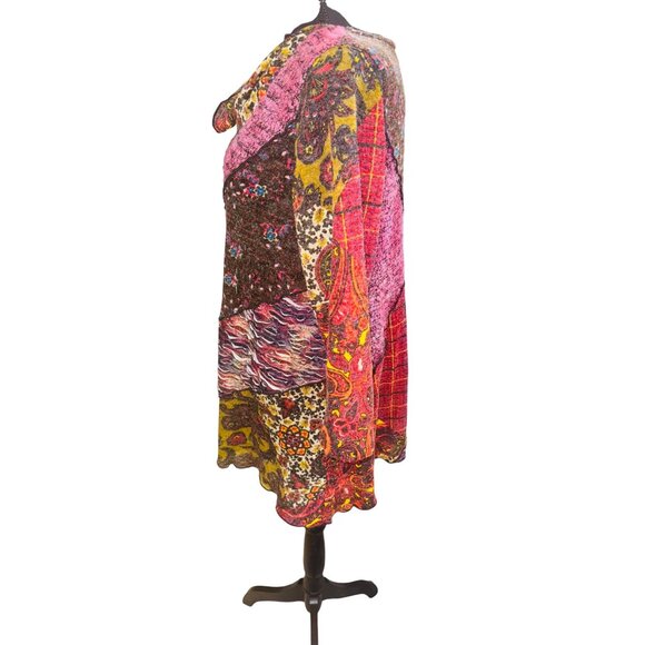 Ali Miles Patchwork Floral Knit Tunic Top  L Boho Chic Style Artsy Casual Blouse - Picture 5 of 9